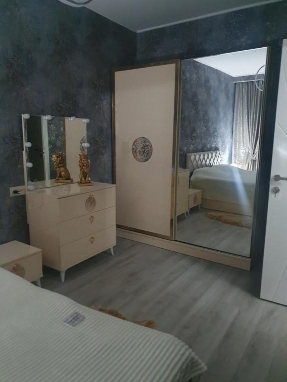 Nizhnyaya AlekseyevkaLucky home的一间带镜子、一张床和梳妆台的卧室