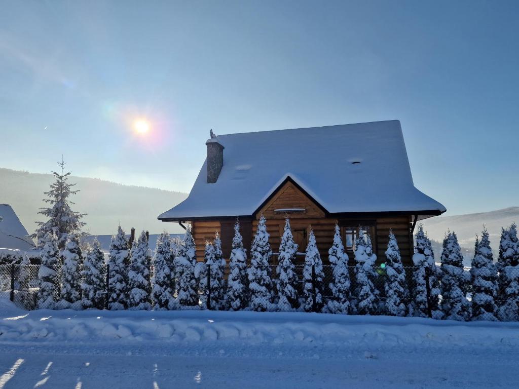 扎沃亚Zawoja hrabkowa Jastrzębowka的雪中小屋,太阳在后面