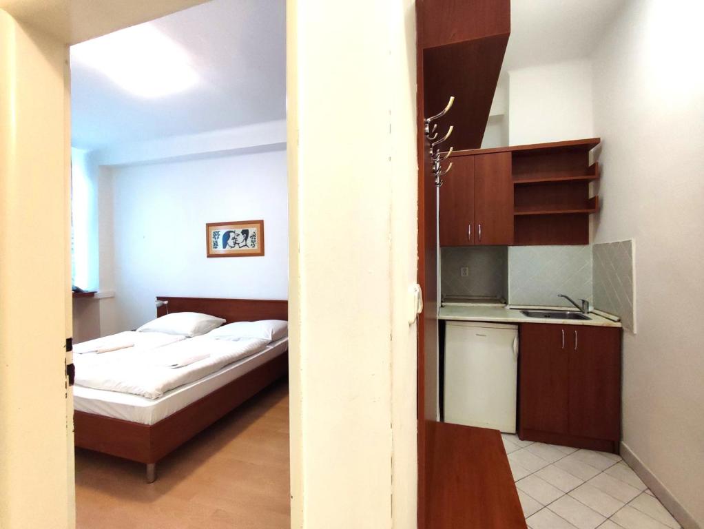 布拉迪斯拉发HOTEL JURKI Dom的一间卧室配有一张床和一个小厨房