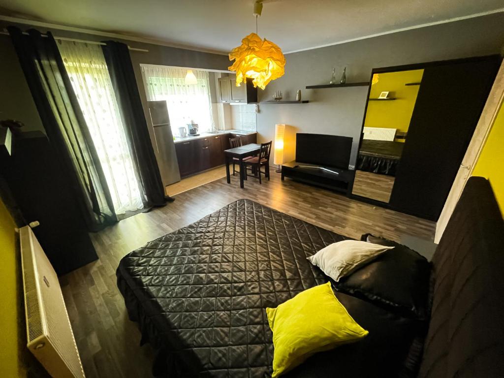 奥拉迪亚Prima Residence Apartment的一间卧室设有一张床和一间客厅。