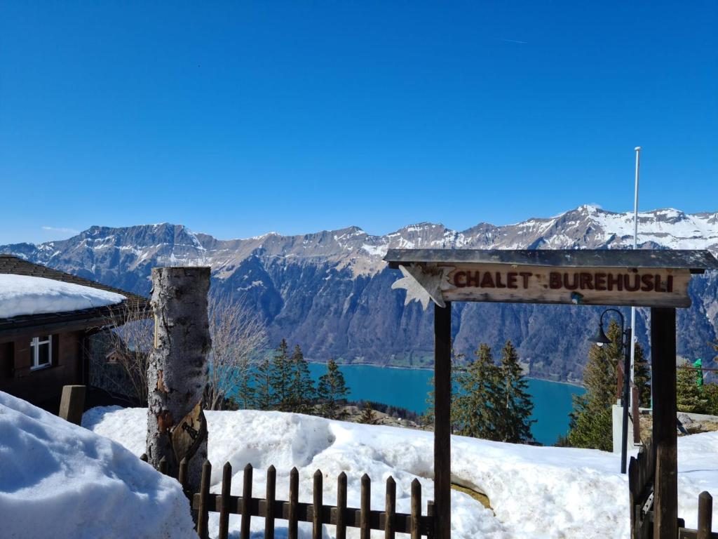 阿克斯普Burehüsli Axalp的雪上的一个标志,享有湖景