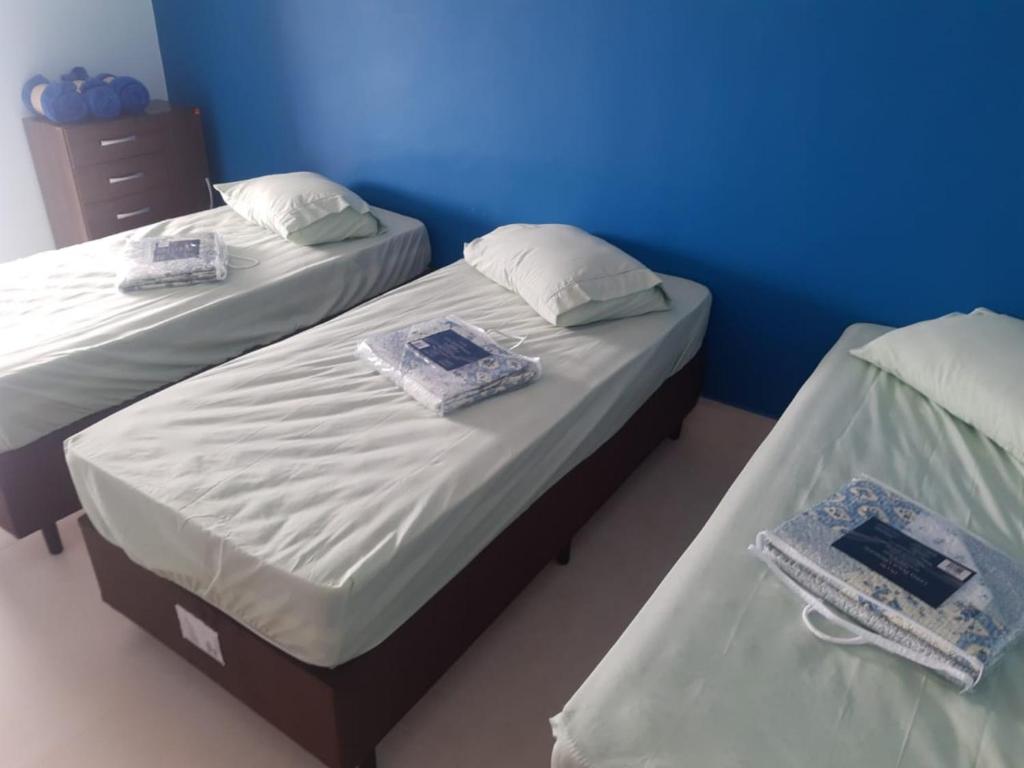 伯迪亚哥Apartamento Duplex pé na areia em Boracéia的蓝色墙壁客房中的两张单人床