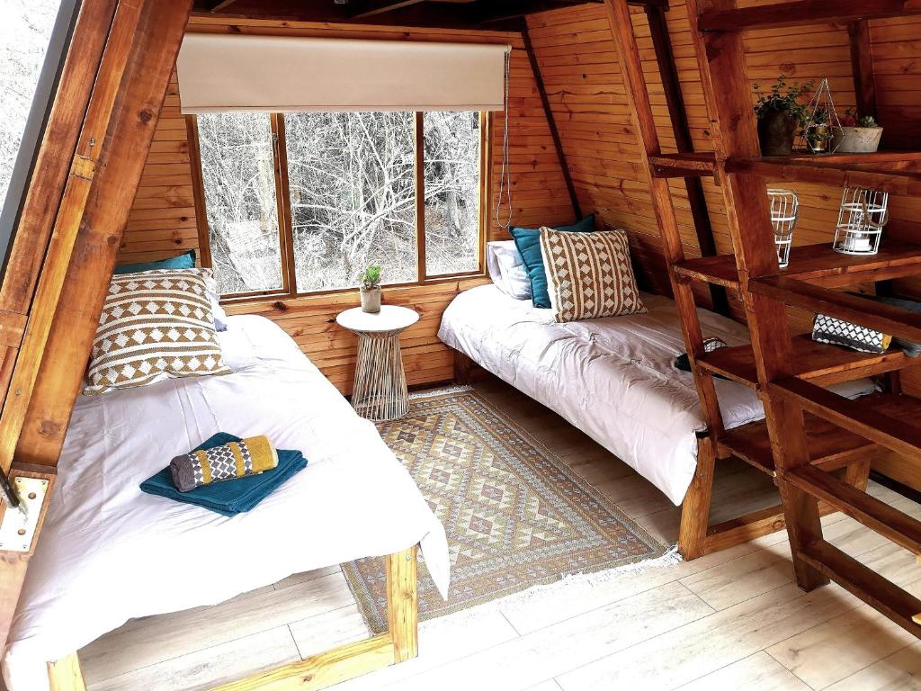 斯韦伦丹Gaia A-frame cabin的小木屋内带两张床的房间