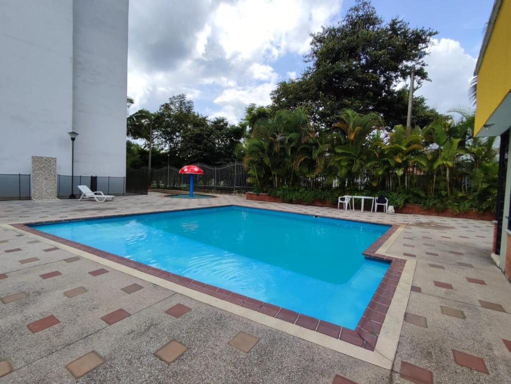 佩雷拉Habitación privada con vista a la ciudad的庭院里的一个蓝色海水游泳池