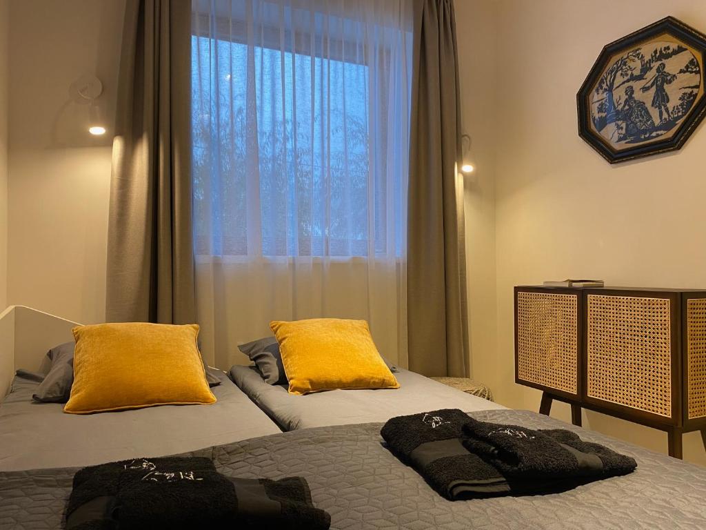 大毛罗什Fotel Dunakanyar的一间卧室配有两张带黄色枕头的床和窗户。