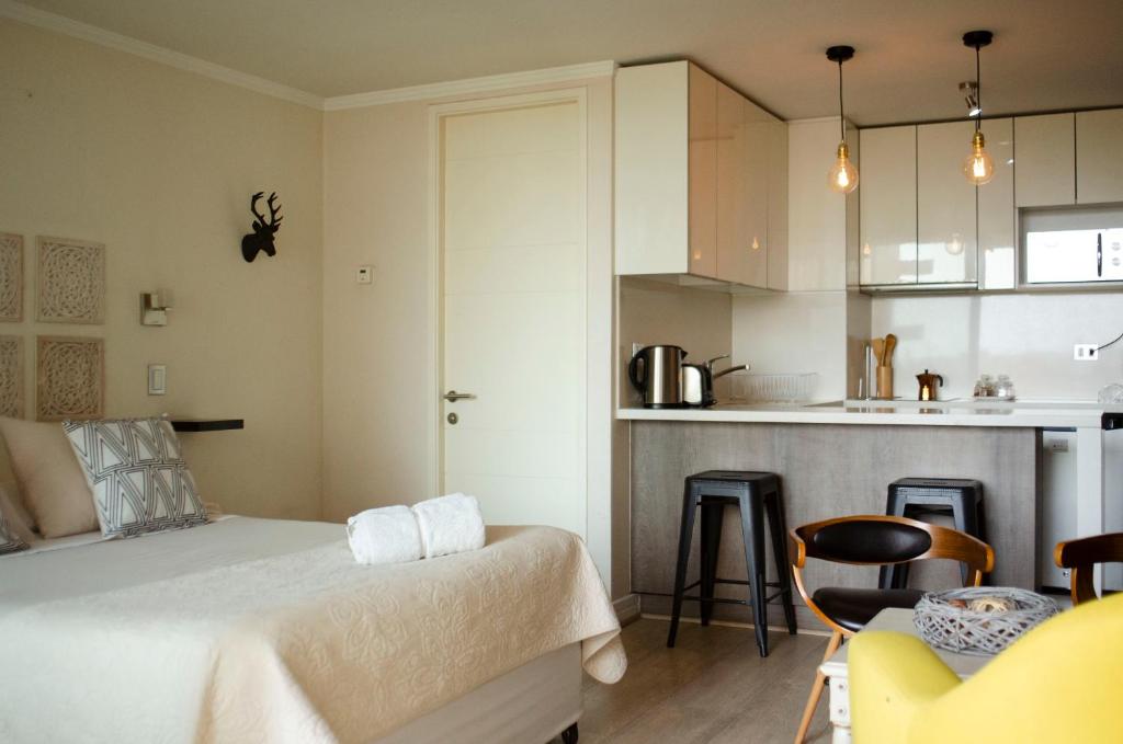 圣地亚哥Loica Suites的小房间设有床和厨房
