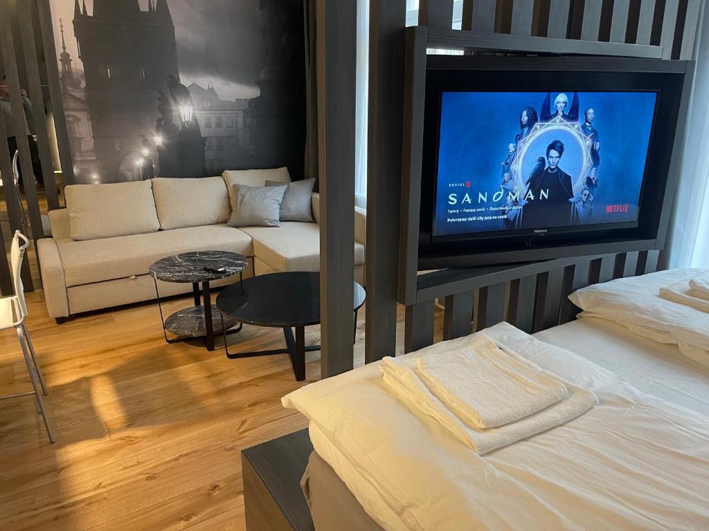 布拉格霍洛克公寓的带沙发和电视的客厅