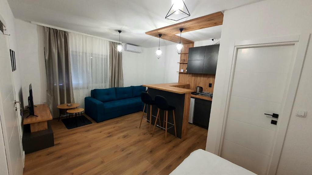 巴尼亚卢卡Apartman Campari的一间带蓝色沙发的客厅和一间厨房