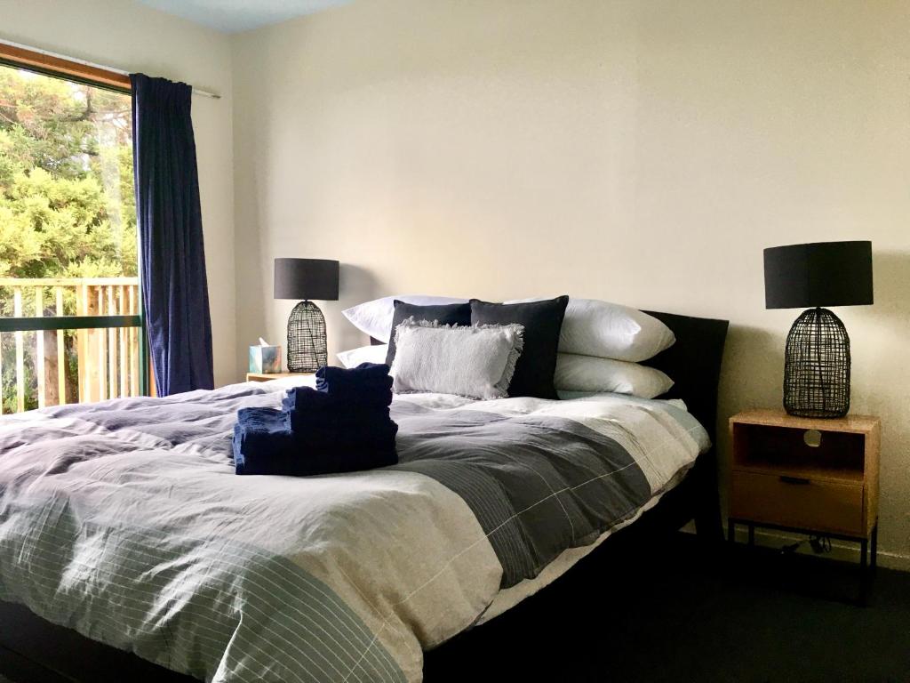 阿希帕拉Panoramic Views - House的卧室配有带枕头的床铺和窗户。