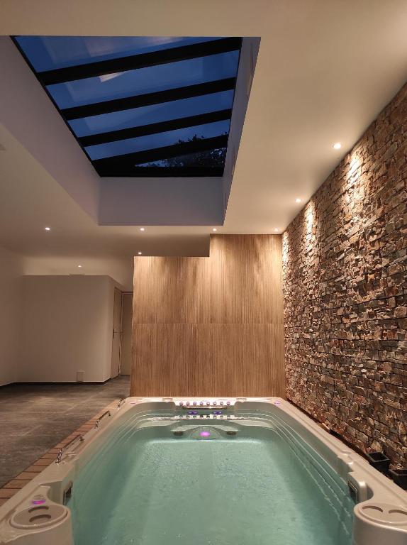 瓦讷Appart hôtel & Spa La Villa du Port的带天窗的客房内的热水浴池