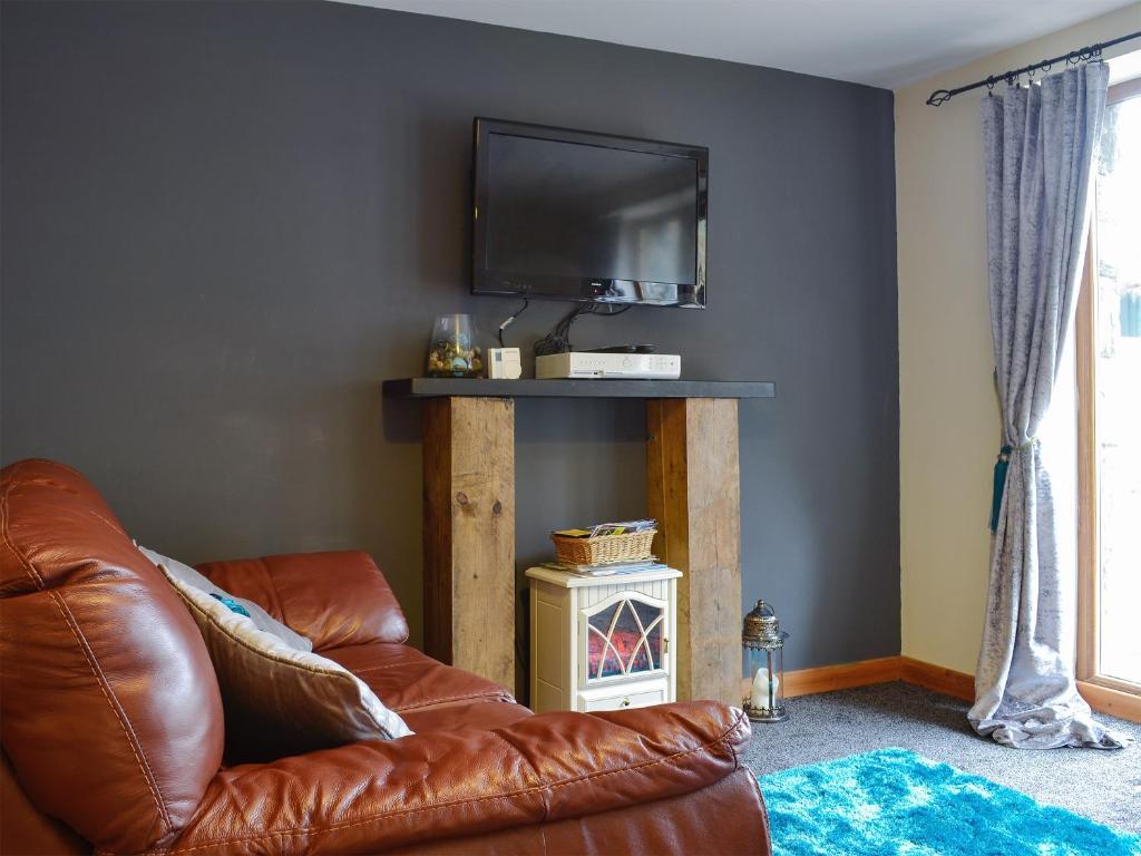 布莱奈费斯蒂尼奥格Llwyn Rhedyn的客厅配有棕色真皮沙发和电视