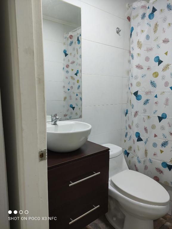 特木科Santa Teresa Hostel的浴室配有白色卫生间和盥洗盆。
