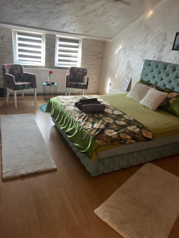 阿然德洛维克President spa apartman Arandjelovac的一间卧室配有一张大床和两把椅子