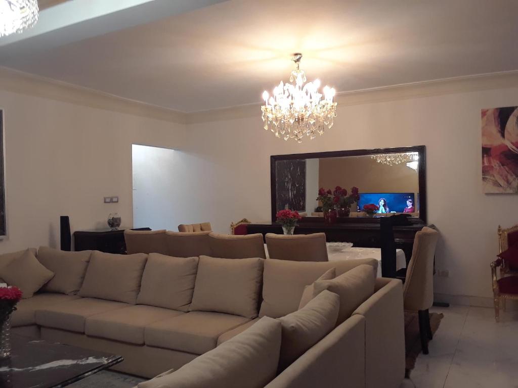 开罗New Boutique Apartment Egypt的带沙发和大镜子的客厅
