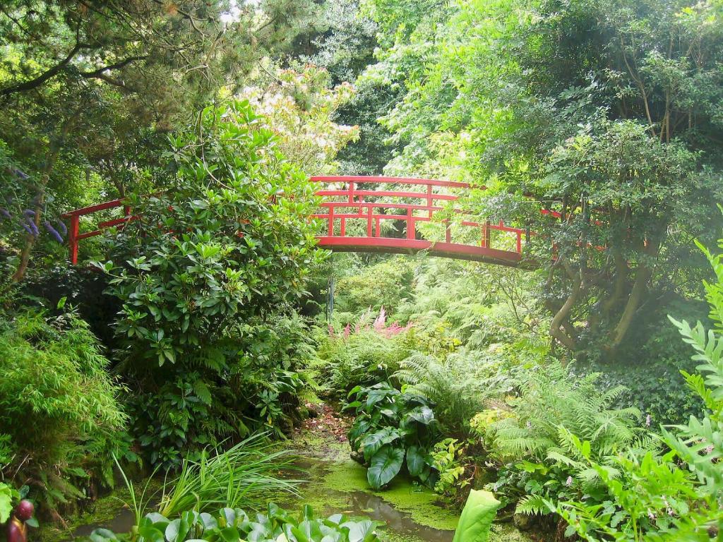 赫斯特蒙苏考比奇农场度假屋的花园中间的红桥