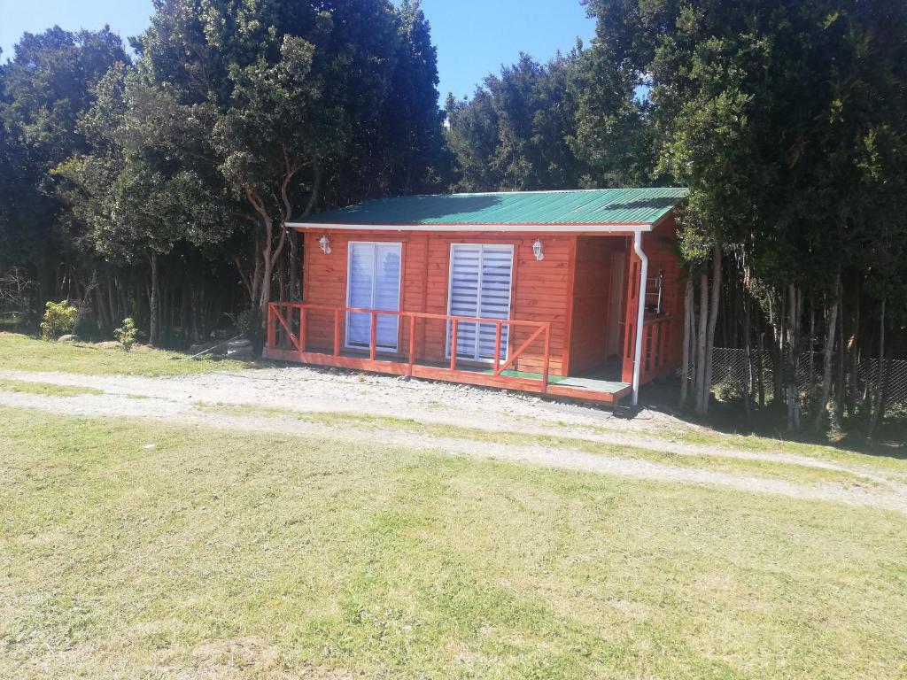 蒙特港Cabaña entre árboles Carretera Austral的一座红色的小小屋,在田野上拥有绿色屋顶