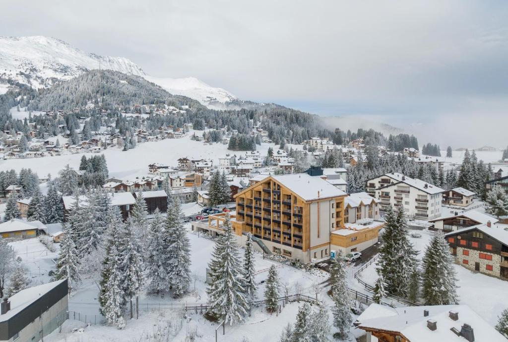 伦策海德Valbella Resort的一座拥有树木和建筑的雪地度假小镇