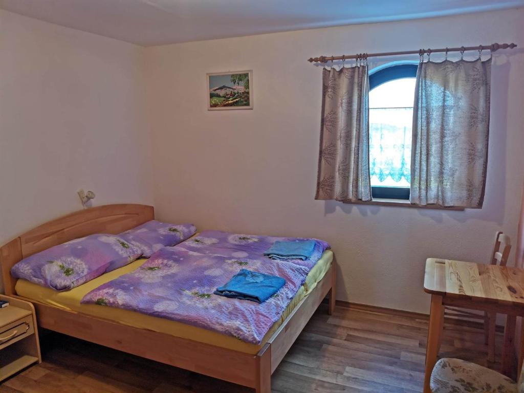 帕索尔维基Penzion a vinný sklípek Mušov的一间卧室配有一张带紫色床单的床和窗户。