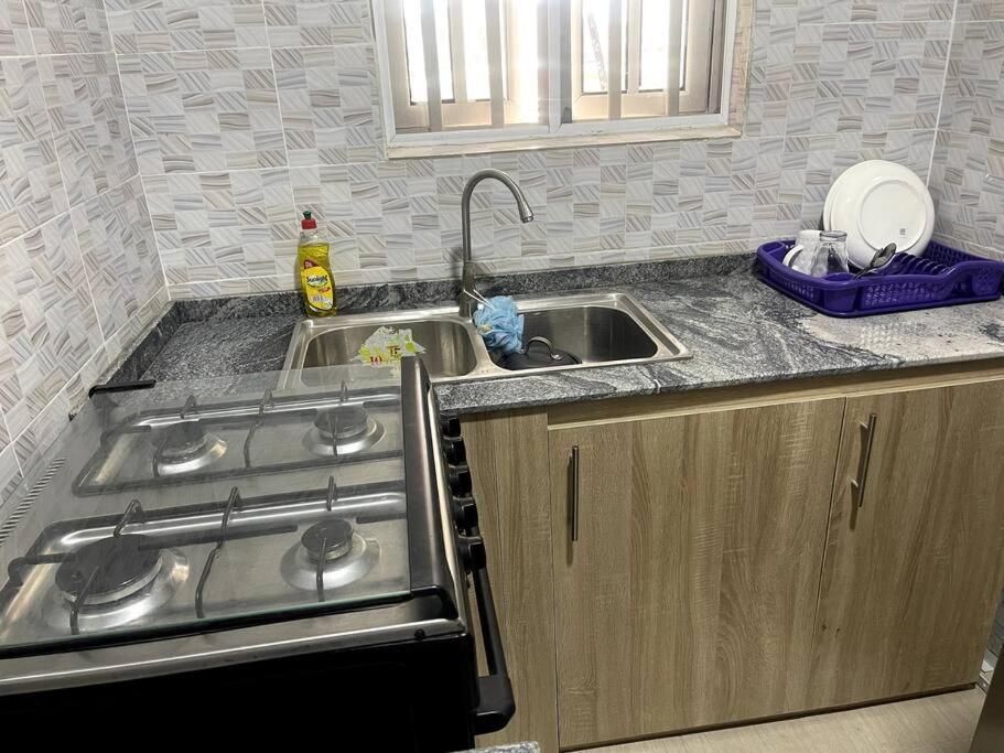 拉各斯Beautiful 2Br Apt in Ogba, Ikeja, Lagos的厨房配有水槽和炉灶
