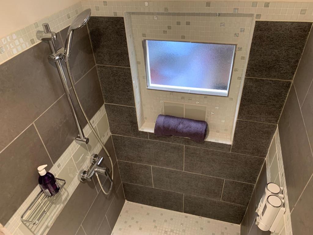 穆斯捷-圣玛丽Le Logis des Cascades1的带淋浴的浴室和窗户