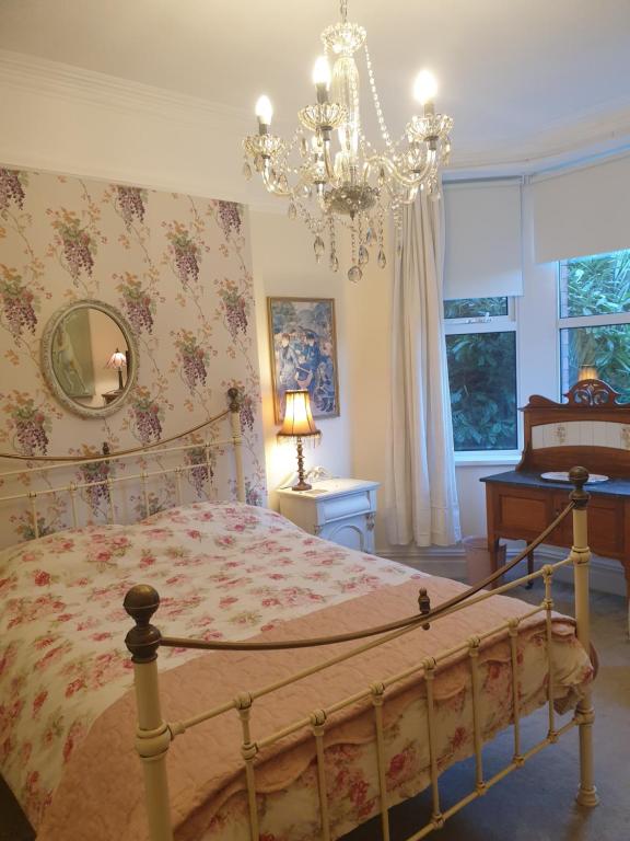 卡迪夫Private room near Roath Lake/Park的一间卧室配有一张床和一个吊灯