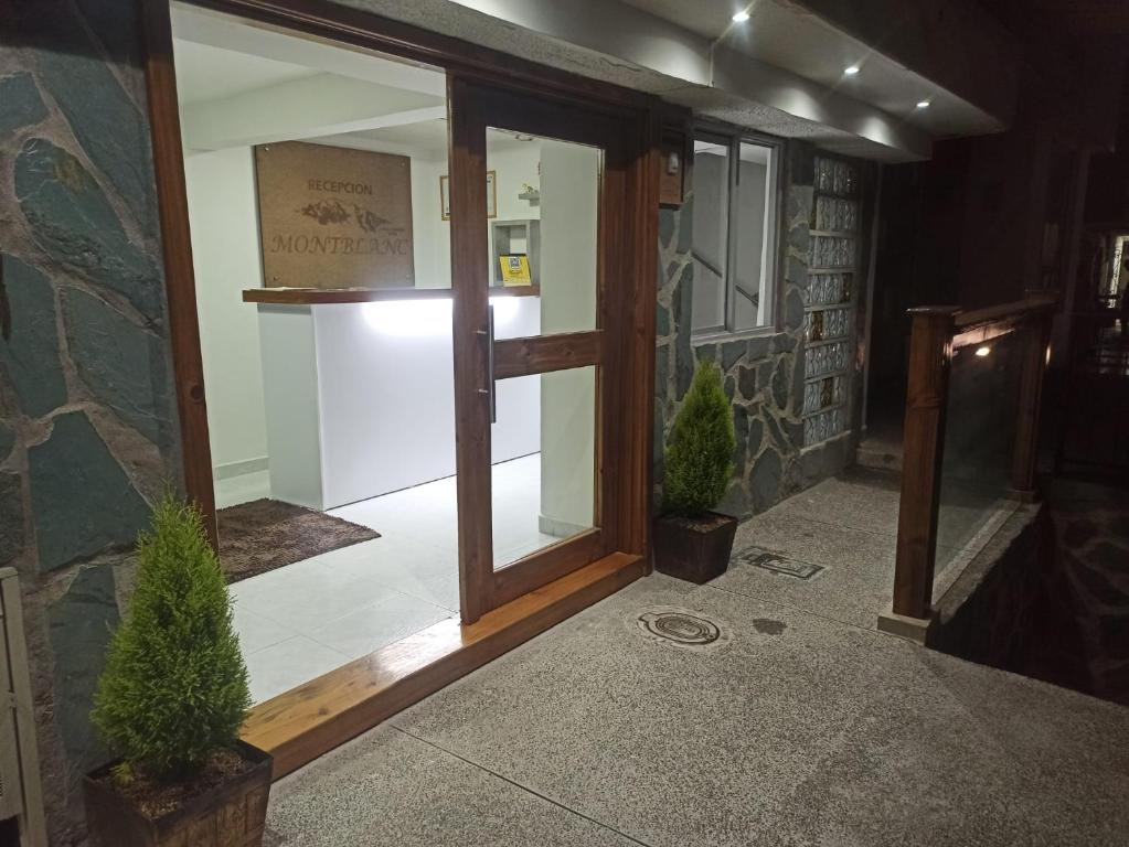 锡卡西亚Hotel Mont Blanc的一间有门和两盆植物的房间