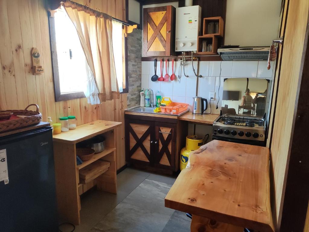 皮奇勒姆RdA Cabaña的厨房配有木制柜台和炉灶烤箱。
