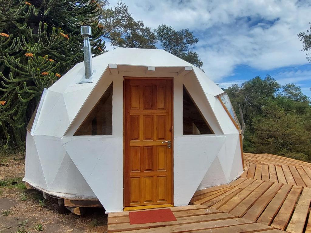 圣马丁德洛斯El Cipresal - Domo Tintica的圆顶帐篷,木甲板上设有门