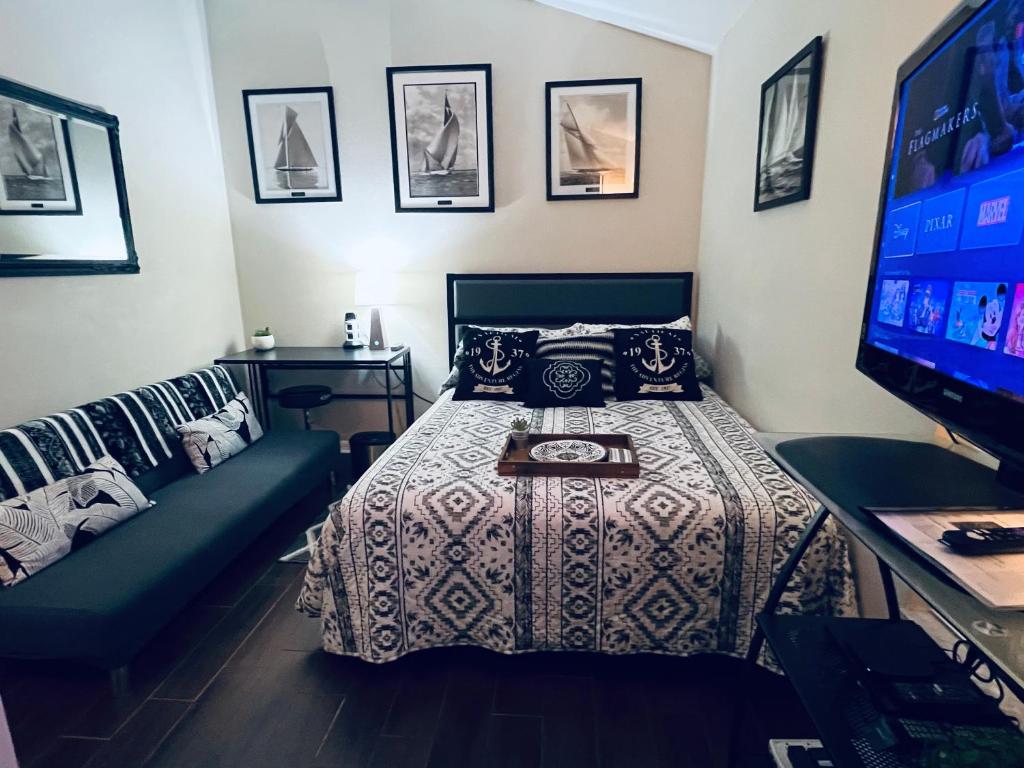 拉斯金Ruskin FL private 2 bdrm 1 bath suite Common areas shared with host的一间卧室配有一张床、一台电视和一张沙发