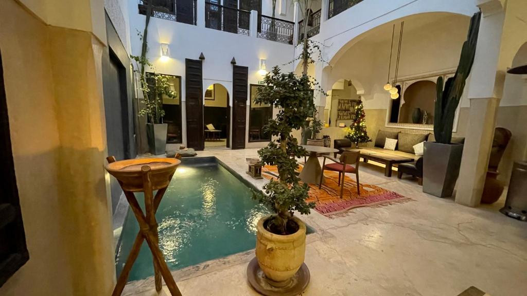 马拉喀什Riad Dar Massai的一座房子,里面设有一座带盆栽植物的游泳池