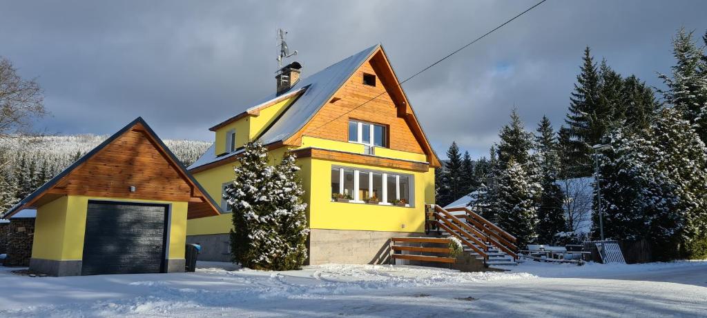 哈拉霍夫Apartmány Mamut Harrachov的雪中带 ⁇ 顶的黄色房子