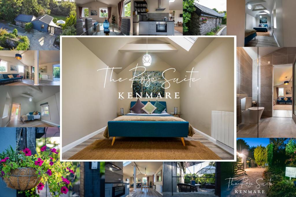 肯梅尔The Rose Suite Kenmare的一张蓝色沙发房子的照片拼在一起