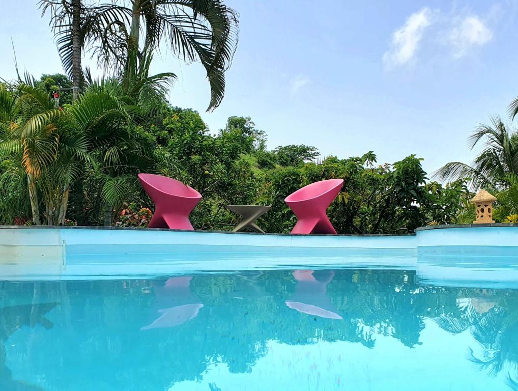 勒马兰La Villa Baie du Marin的水边的游泳池,配有两把粉红色的椅子