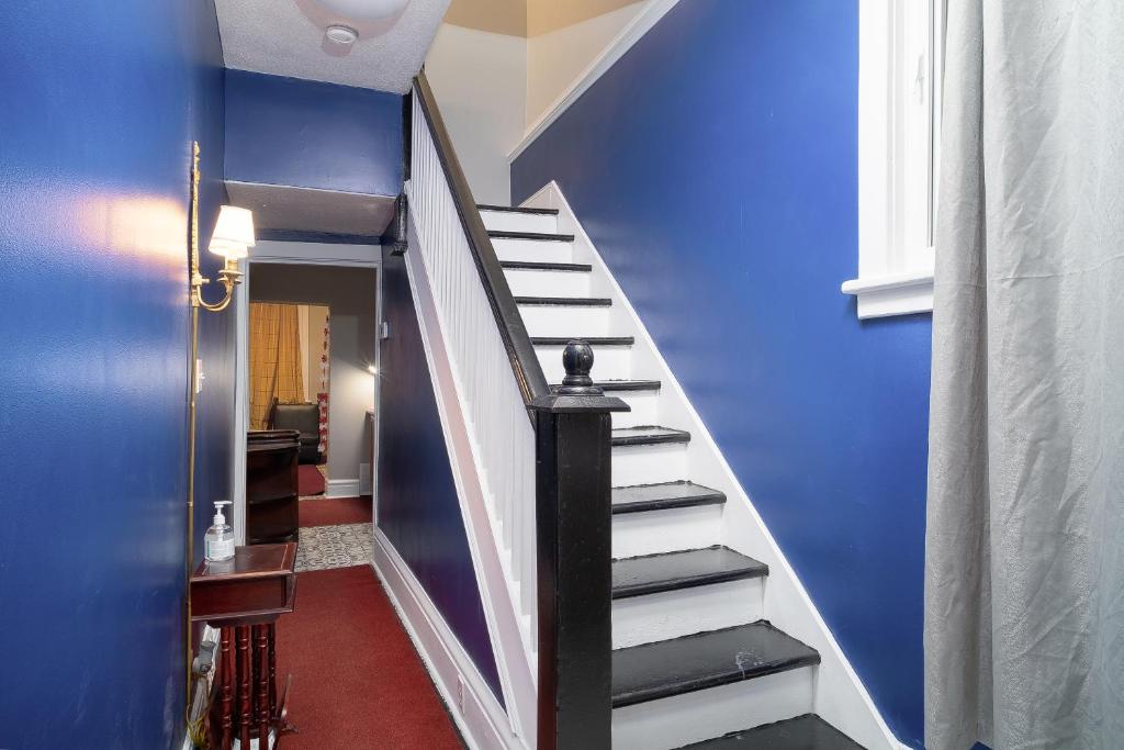 渥太华Room #4 Ottawa downtown的一条带有蓝色墙壁和蓝色墙壁的楼梯