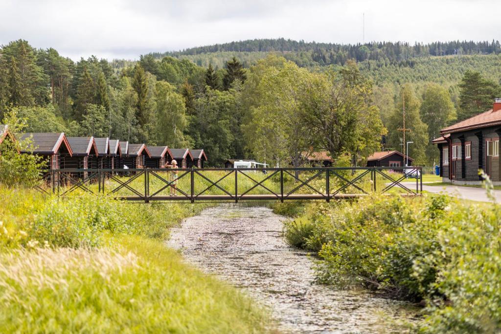 赖特维克First Camp Enåbadet - Rättvik的一座有房屋和树木的河上的桥梁