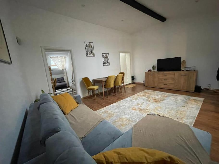 蒂米什瓦拉Apartament la casa的客厅配有蓝色的沙发和桌子
