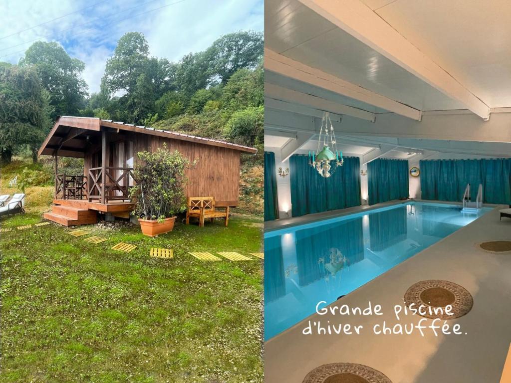 Marais-Vernier7eme ciel - Tiny House avec Grande Piscine intérieure chauffée toute l'année的一座带游泳池和后院的房子