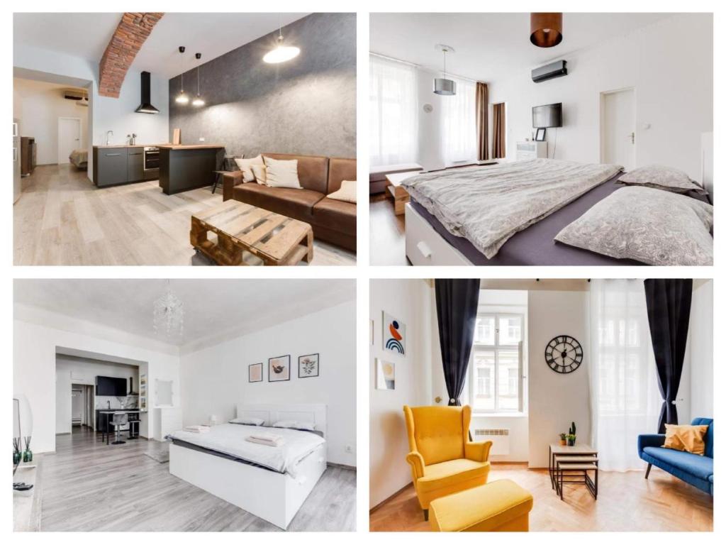 布拉格Lovely Apartments Heart of Prague的卧室和客厅的照片拼合在一起