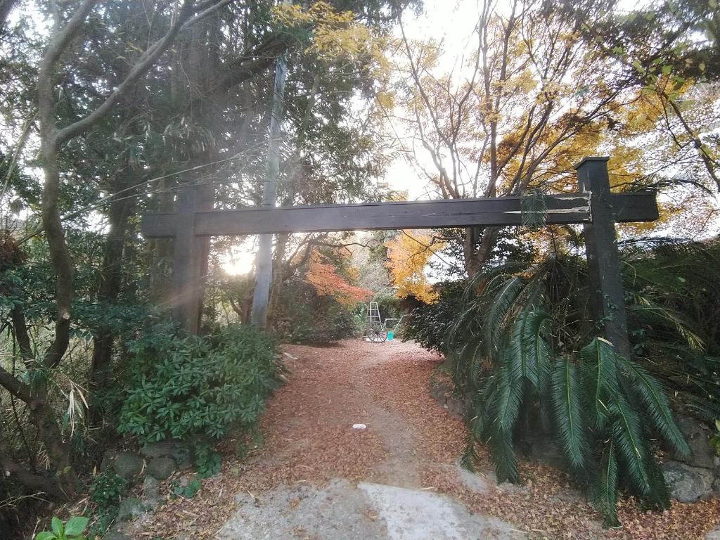 Kitsuki横城ゲストハウス的森林中一条小径上的木门