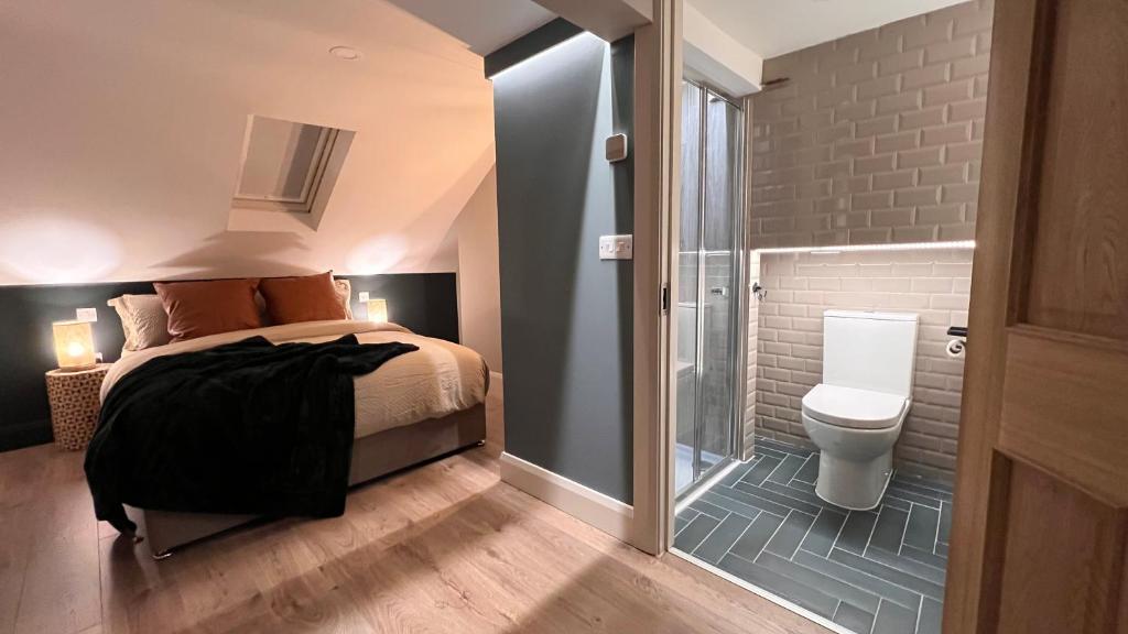 伦敦德里CHAMBERS RISE - City Centre Stays的一间卧室配有一张床,浴室设有卫生间