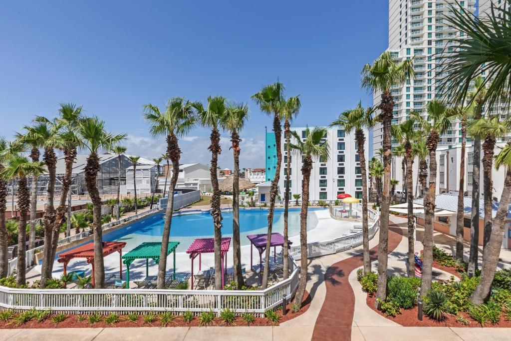 南帕诸岛Holiday Inn Resort South Padre Island-Beach Front, an IHG Hotel的一个带游泳池和棕榈树的度假村