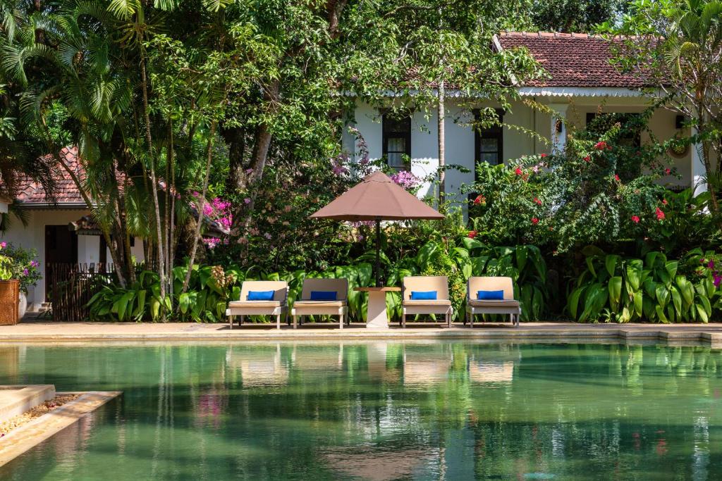 乌纳瓦图纳Why House的游泳池旁的两把椅子和一把遮阳伞