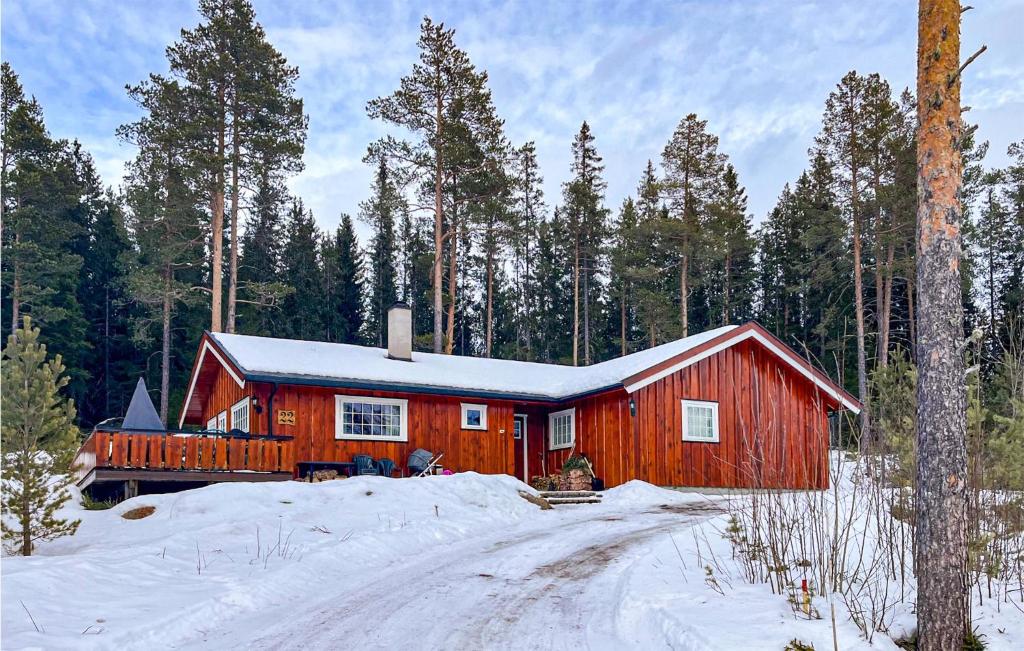 海姆瑟达尔4 Bedroom Stunning Home In Hemsedal的雪中树林里的红色小屋