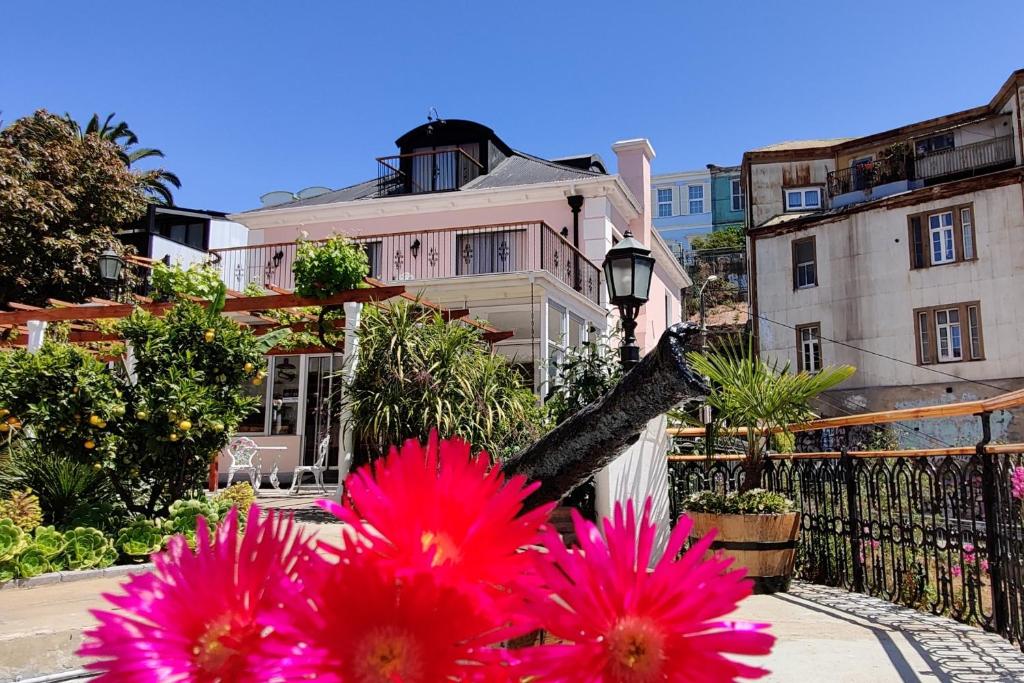 瓦尔帕莱索AYCA La Flora Hotel Boutique的一群粉红色的花朵在房子前面