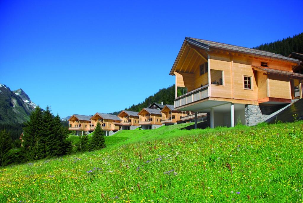达米尔斯Feriendorf Walserland的山丘上一排绿色的房屋