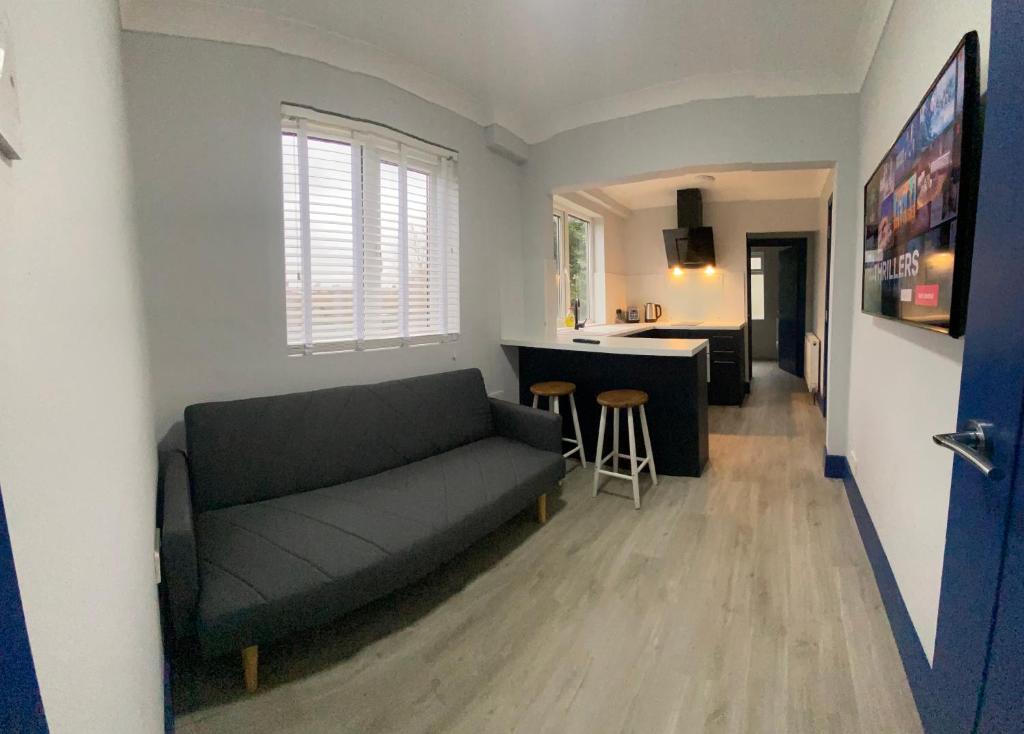 金斯林Harewood Lodge - Single and Double Rooms Self Serve Apartment的带沙发的客厅和厨房