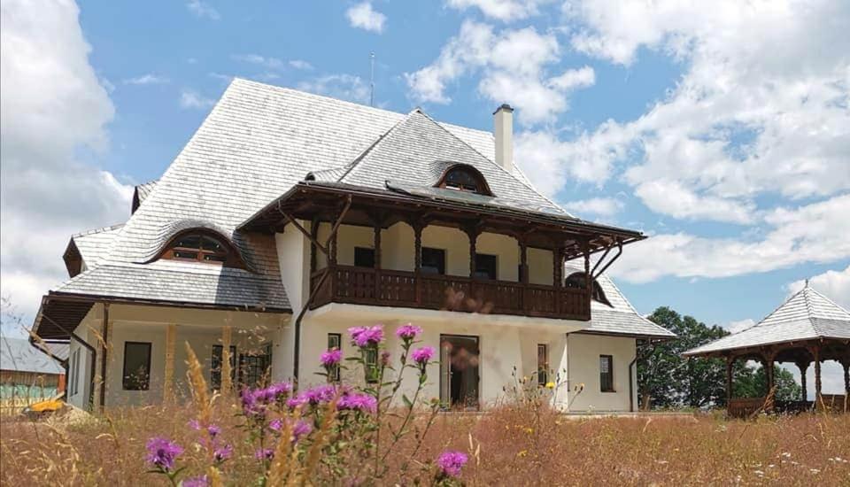 SăcuieuPensiunea Poiana Vlădesei的一座带屋顶的大型白色房屋