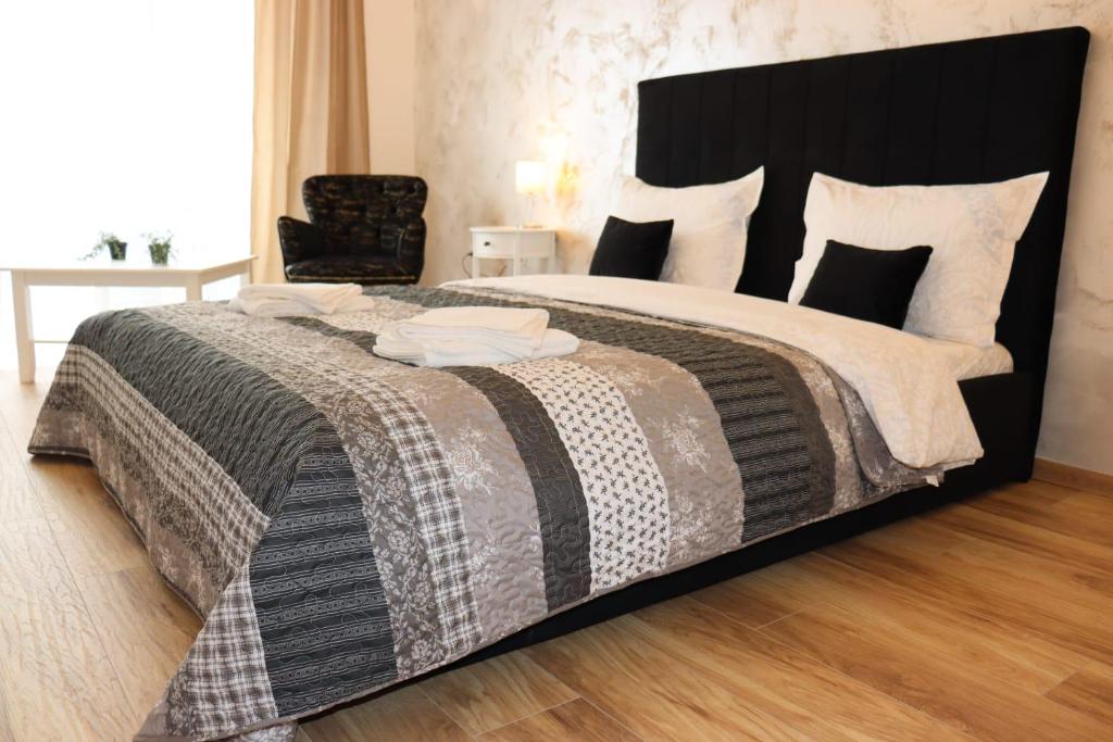 布拉索夫Apartament Onix的一间卧室配有一张大床和黑色床头板