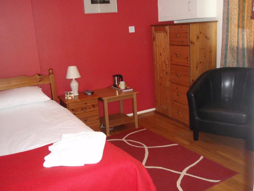 阿宾登红狮住宿加早餐旅馆的一间卧室配有一张床、一把椅子和一张书桌
