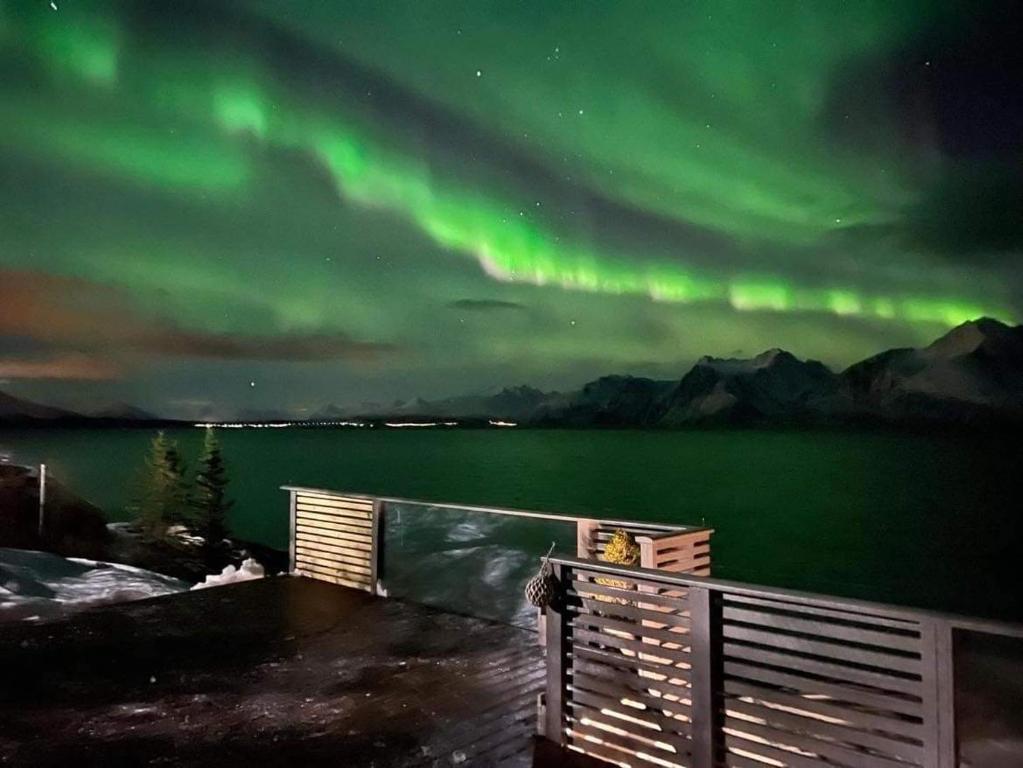 StorslettaLyngen Panorama, Solberget的水面上天空的北极光图像